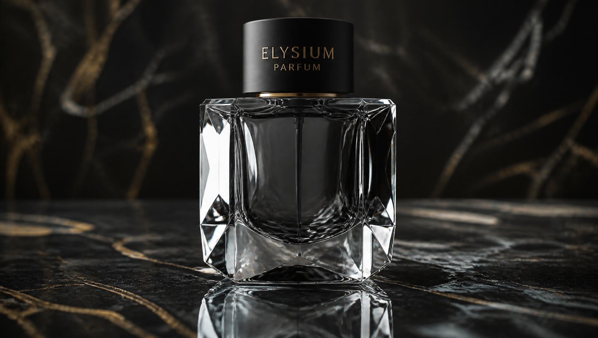 Elysium Parfum — hand-cut crystal flacon on Nero Marquina marble